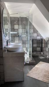 a bathroom with a sink and a glass shower at Gästehaus Kamminke in Kamminke
