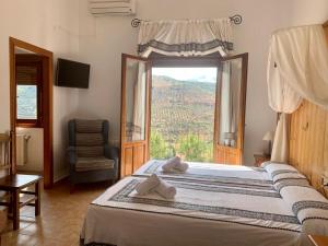 um quarto com uma cama grande e uma janela grande em Mirador Sierra De Alcaraz em Alcaraz