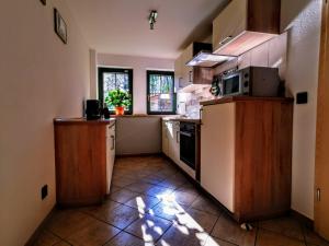 a kitchen with a stove and a microwave at Ferienwohnung Hegemühle in Geithain