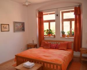 1 dormitorio con 1 cama con sábanas de color naranja y 2 ventanas en Rychta, en Rataje nad Sázavou