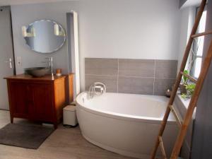 a bathroom with a white tub and a mirror at La Maison aux Oiseaux in Aubais