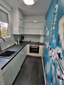 una cucina con armadi bianchi e lavandino di Apartment Cape a Podgorica