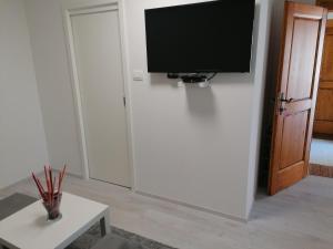 a living room with a tv on a white wall at Domačija Mirko in Miren