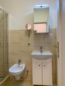 y baño con lavabo, aseo y espejo. en Luxury Cottage by Little Danube - Pista & Magduska en Čierna Voda