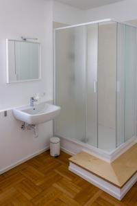 een badkamer met een wastafel en een glazen douche bij Canton del Gallo in Padua