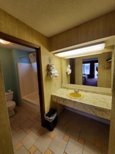 y baño con lavabo, bañera y espejo. en Gray Plaza Motel West Frankfort, en West Frankfort