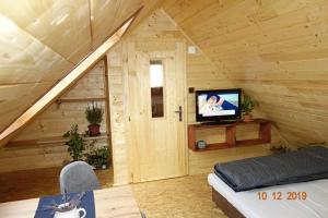ein Wohnzimmer mit einem TV in einer Hütte in der Unterkunft Apík u Milušky in Mikulovice