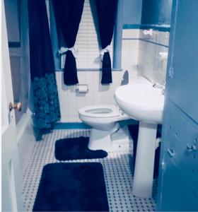 a blue bathroom with a toilet and a sink at 3 BEDROOM SLEEPs 8 NICE SPACIOUS APARTMENT B 89 in Montgomery