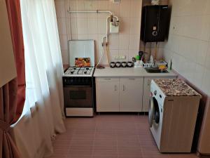 a small kitchen with a stove and a sink at Апартаменты Нежная орхидея возле реки in Mykolaiv