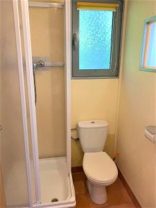 a bathroom with a toilet and a shower with a window at Tiny House mit Klima und Heizung, in idyllischer Ortsrandlage in Iba