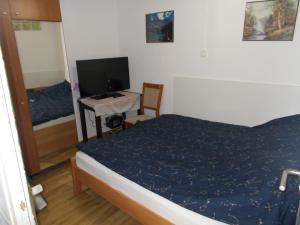 Schlafzimmer mit einem Bett und einem Schreibtisch mit einem TV in der Unterkunft Part Közeli Vendégház Zamárdi in Zamárdi