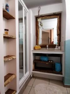 ein Badezimmer mit einem Waschtisch mit einem Spiegel und einem Waschbecken in der Unterkunft Appart Sophyann in Saint-Gilles-les-Bains