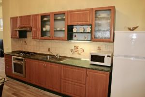 kuchnia z drewnianymi szafkami i białą lodówką w obiekcie Apartman Sylva na Staré Louce 42 w Karlowych Warach +8 zdjęć