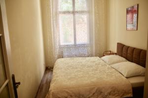 mała sypialnia z łóżkiem i oknem w obiekcie Apartman Sylva na Staré Louce 42 w Karlowych Warach