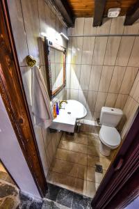 La petite salle de bains est pourvue de toilettes et d'un lavabo. dans l'établissement Oikoperiigitis Hotel, à Kerkíni