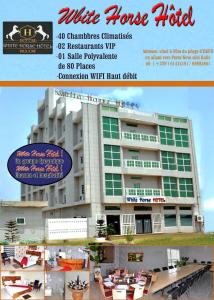um folheto para um hotel com uma fotografia de um edifício em White Horse Hotel Cotonou em Agblangandan