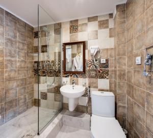 a bathroom with a toilet and a sink and a mirror at Art Hotel Karelia in Saint Petersburg