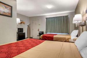 Econo Lodge Dewitt I-90 في DeWitt: غرفة فندقية بسريرين وسجادة حمراء