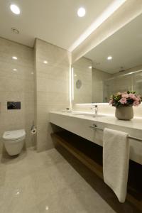 a bathroom with a sink and a toilet and a mirror at Holiday Inn Bursa - City Centre by IHG in Bursa