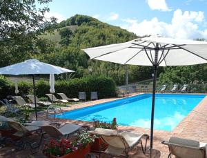 een zwembad met stoelen en een parasol en een zwembad bij Selvicolle Country House in Crispiero