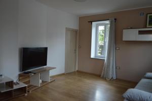 ein Wohnzimmer mit einem Flachbild-TV und einem Fenster in der Unterkunft Apartment Kancler in Nova Gorica