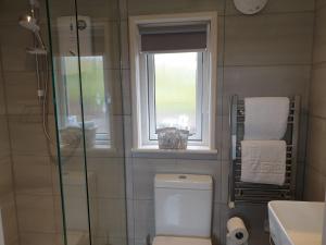 a bathroom with a shower and a toilet and a window at Toradh Cabin in Spean Bridge