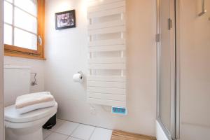 La salle de bains est pourvue d'une douche et de toilettes. dans l'établissement Cosy Family Chalet - up to 8 people, à La Tzoumaz