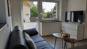 uma sala de estar com um sofá, uma televisão e uma mesa em Teck-Apartment em Kirchheim unter Teck