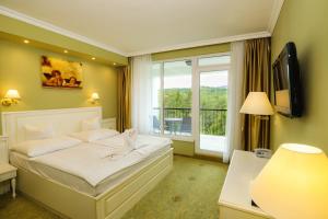 um quarto de hotel com uma cama e uma janela em Calimbra Wellness Hotel Superior em Miskolctapolca