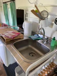 a kitchen counter with a sink in an rv at Gut Groß Fedderwarden in Butjadingen