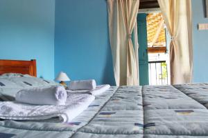 a bedroom with a bed with blue walls and a window at Aperanti Agrotourism in Pera Orinis