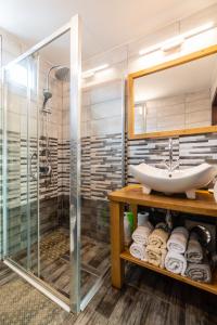 une salle de bain avec lavabo et douche dans l'établissement Sunset Cottage, à Braşov