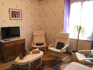 a living room with two chairs and a flat screen tv at Centre Sérénité au Coeur du Limousin in Fromental