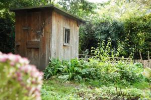 a wooden out house in the middle of a garden at Alte Schreinerei Boutique Hotel in Cologne