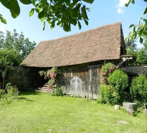 an old barn with a roof in a yard at Casa din Şona in Şona