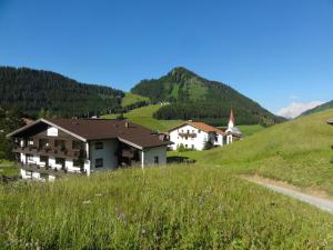 un bâtiment sur une colline avec un champ herbeux dans l'établissement Quartier Severin, à Berwang