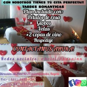 Cartel de un dormitorio con cama con corazones rojos en Hotel TuKasa Inn, en Bogotá