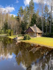 uma mulher sentada ao lado de uma cabana ao lado de um lago em Log Cabin em Kuldīga