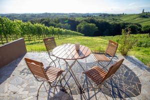 a table and chairs with a view of a vineyard at House Thara Studio Apartments in Štrigova +11 photos