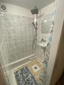 W łazience znajduje się prysznic i umywalka. w obiekcie "Ruhige Naturlage im Wald" Ferienhaus mit Sauna w mieście Großnaundorf