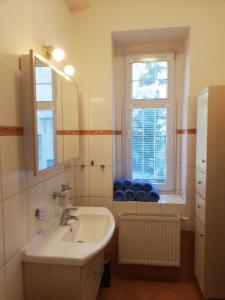 baño con lavabo, espejo y ventana en Apartment 70m2, en Karlovy Vary