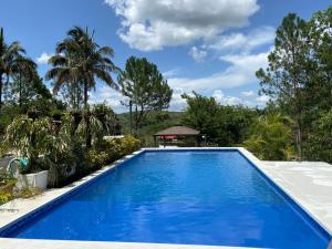 a large blue swimming pool with a gazebo at Haus unter Palmen in Jarabacoa