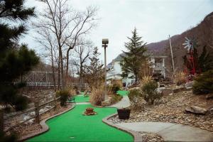 a artificial green lawn in a park with a house at Broad River Inn in Chimney Rock