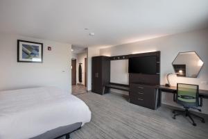 Habitación de hotel con cama, escritorio y TV. en Holiday Inn Express & Suites Chicago - Hoffman Estates, an IHG Hotel, en Hoffman Estates