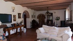 ein Wohnzimmer mit einem weißen Sofa und einem TV in der Unterkunft Podere i Melograni in Guardistallo