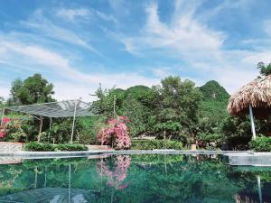a pool at the resort with trees in the background at Phong Nha Bolero Bungalow in Phong Nha