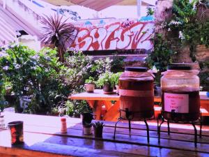 un patio con macetas y una pared con graffiti en Zen Harmony House Sydney, en Sídney