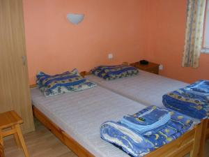 a bedroom with two twin beds with blue and white pillows at Monte Negro in Stronie Śląskie