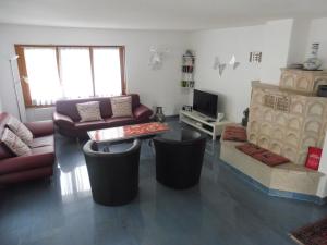 a living room with a couch and chairs and a tv at Apartment Theresli First Floor in Saas-Almagell