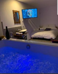 a room with a bed and a pool of water at Elle & Lui en Jacuzzi in Bernis